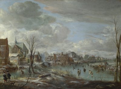 Befagyott folyó egy falu közelében, golfozókkal és korcsolyázókkal, c. 1647-1648 alkotó: Aert van der Neer