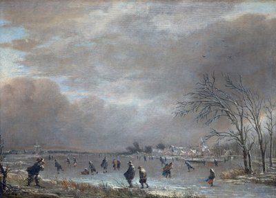 Téli táj korcsolyázókkal a befagyott folyón alkotó: Aert van der Neer