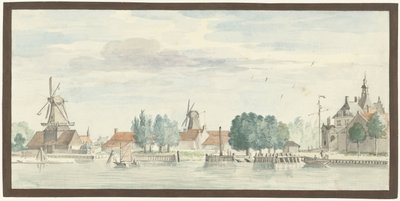 Kilátás Dordrechtre a Rietdijkspoorttal és a szélmalmokkal alkotó: Aert Schouman