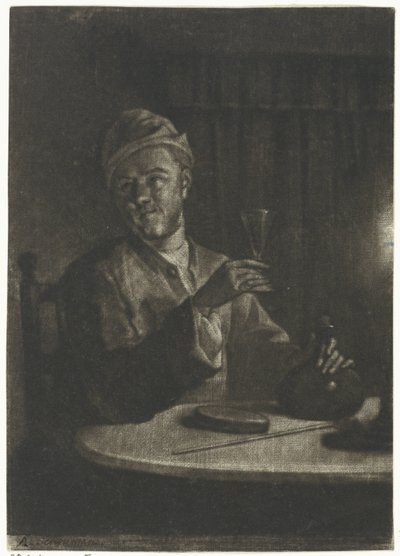 Férfi emelt üveggel alkotó: Aert Schouman