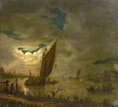 Folyói jelenet csónakokkal és figurákkal (olaj, fa) alkotó: Aert van der (imitator of) Neer