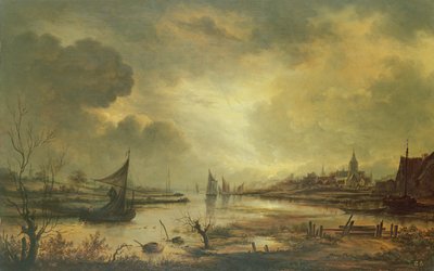 Holland város a folyón Holdfénynél (olaj a panelen) alkotó: Aert van der Neer