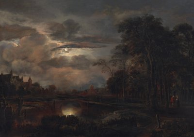 Holdfényes táj híddal, valószínűleg 16481650. alkotó: Aert van der Neer