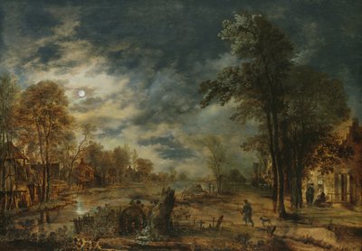 Holdfényes táj faluval alkotó: Aert van der Neer