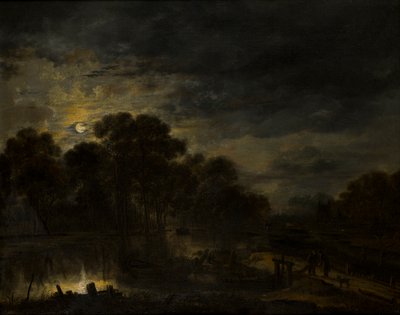 Folyói táj a Holdfény által, 1623-77 körül (olaj, vászon) alkotó: Aert van der Neer