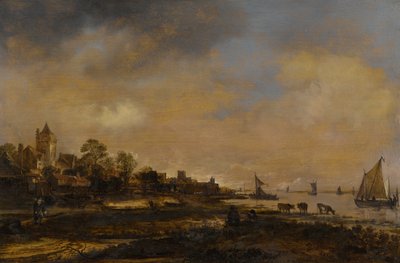 Széles folyami tájkép kastéllyal és faluval alkotó: Aert van der Neer