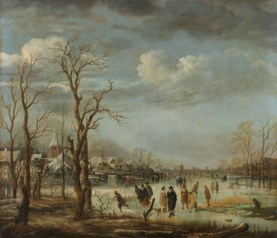 Téli táj egy város közelében, csupasz fákkal alkotó: Aert van der Neer