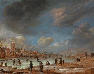 Téli táj egy város közelében Kolf játékosokkal alkotó: Aert van der Neer