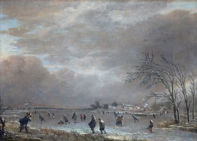 Téli táj korcsolyázókkal a befagyott folyón (olaj a panelen) alkotó: Aert van der Neer
