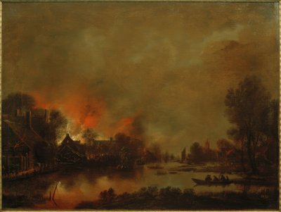 Éjszakai csatorna táj tűzzel egy faluban alkotó: Aert van der Neer der Ältere