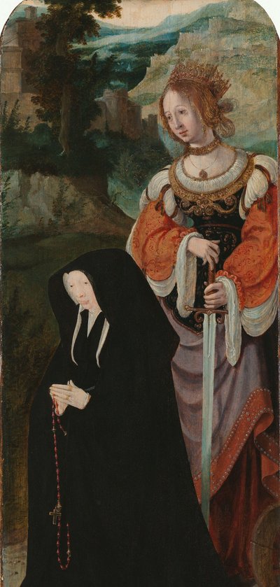 Lázár feltámasztása Triptichon jobb belső szárnya a női donorral és Szent Katalinnal alkotó: Aertgen Claesz van Leyden (attributed to)