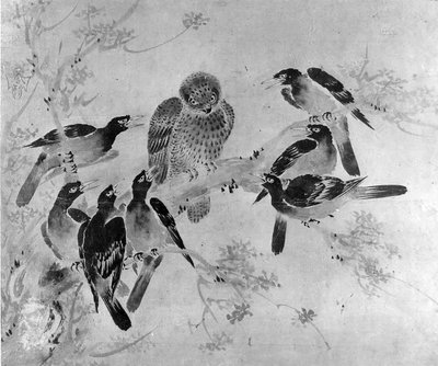 Mynah Birds támadó baglyot, valószínűleg 19. század. alkotó: after Sesson Shūkei