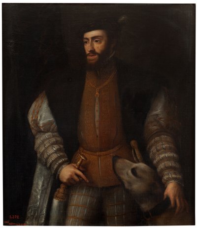 Spanyolul:  Carlos V. Károly császár egy kutyával alkotó: after Titian