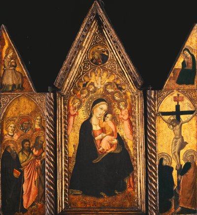 Hordozható triptichon Madonnával és Angyalokkal trónoló gyermekkel, alkotó: Agnolo Gaddi