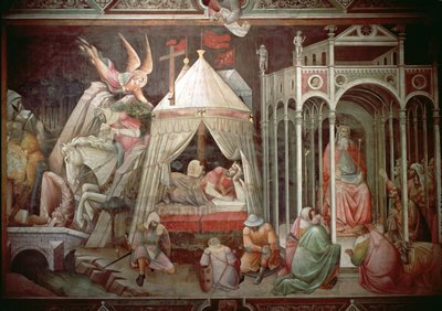 Cosroe a kereszt erejét használja fel, hogy imádatát hívja elő népe és Heraclius álma és a Cosroe felett aratott győzelme, 1380 körül alkotó: Agnolo Gaddi