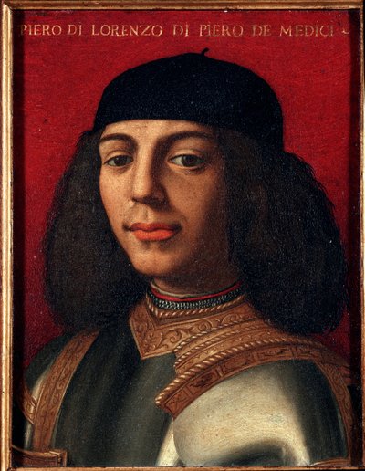 II. Medici Péter (1472-1503) portréja, olasz politikus és katona, Laurent fia, Agnolo Allori csodálatos festménye, a Bronzino (1503-1572), olaj, réz Mérete 15x1 cm M Palazzo alkotó: Agnolo Bronzino