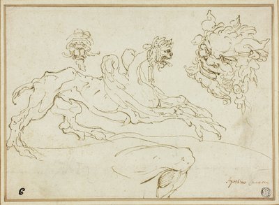 Négy vázlat: Griff, Groteszk fej, Szatír feje, Hajlított láb alkotó: Agostino Carracci