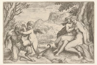 A szerelem mindent legyőz Omnia vincit Amor, a szatírral vívott harcban Amor elhelyezi jobb kn..., 1599. alkotó: Agostino Carracci
