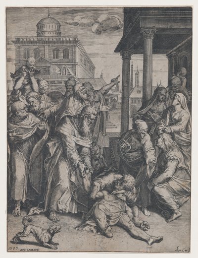Szent Pál a földön lévő Patrokloszt felnevelő bámészkodók csoportjával körülvéve, ..., 1583. alkotó: Agostino Carracci