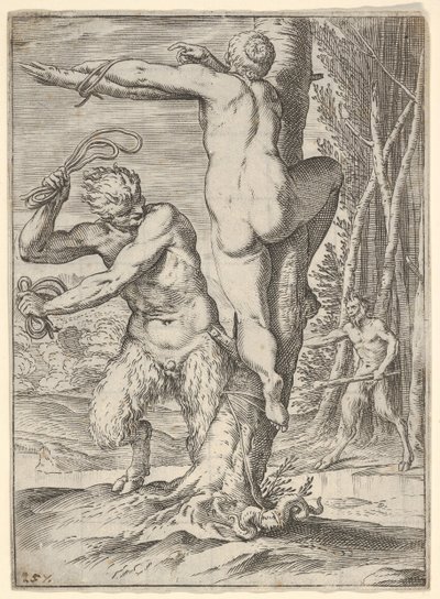Szatír ostor egy nimfát, akit hátulról mutatnak és egy fához kötöznek, egy második szatírt..., kb. 1590-95. alkotó: Agostino Carracci