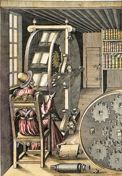 Forgó íróasztal – Agostino Ramelli (1531-1608) „Le Diverse et Artifiose Machine” című művéből – Párizs 1588 alkotó: Agostino Ramelli