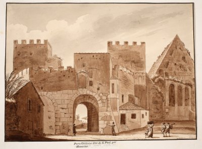 A Porta Ostiensis vagy San Paolo, Honorius építette, 1833 (barna mosással maratva) alkotó: Agostino Tofanelli