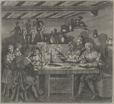 Baccio Bandinelli műtermében Vénusz szobrocskával a kezében, diákok vázlatot készítenek egy mo...ból, 1531. alkotó: Agostino Veneziano