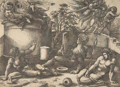 Káin tükröt tartva nézi áldozatát lángokba borítva, Ádám és Éva ülése..., kb. 1530-50. alkotó: Agostino Veneziano