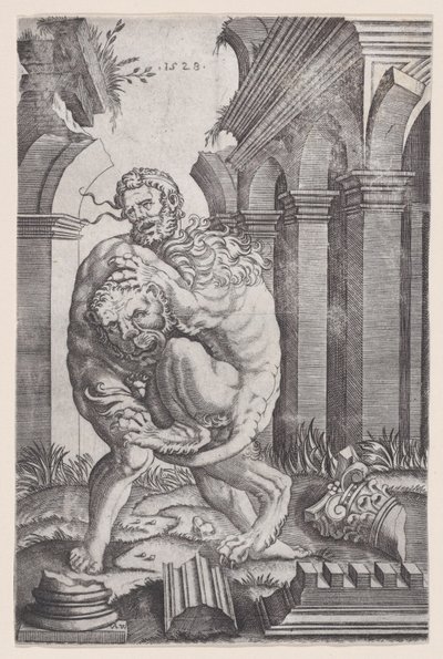 Herkules megfojtja a nemeai oroszlánt, 1528-ban. alkotó: Agostino Veneziano