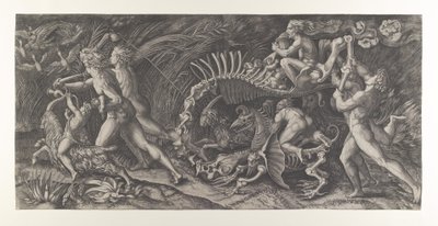 Lo Stregozzo: egy női boszorkány, aki állatcsontvázon lovagol, előtte két férfi és ..., kb. 1515-25. alkotó: Agostino Veneziano