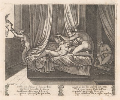 13. tábla: Ámorra néző psziché, Ámor és Psyché történetéből, ahogy Apulei..., 1530-60. alkotó: Agostino Veneziano