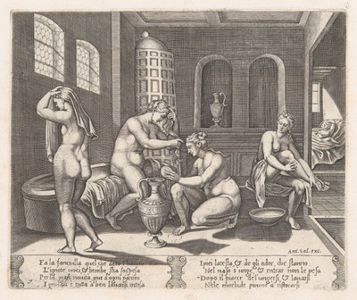 7. tábla: Psyche részt vett a fürdőjében, Ámor és Psyché történetéből, ahogy Apu..., 1530-60. alkotó: Agostino Veneziano