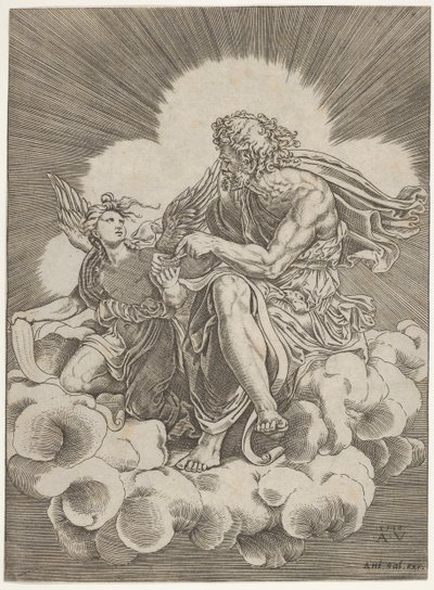 Szent Máté, aki egy felhőn ül, és egy tollat márt az angyal által tartott tintatartóba..., kb. 1518-20. alkotó: Agostino Veneziano