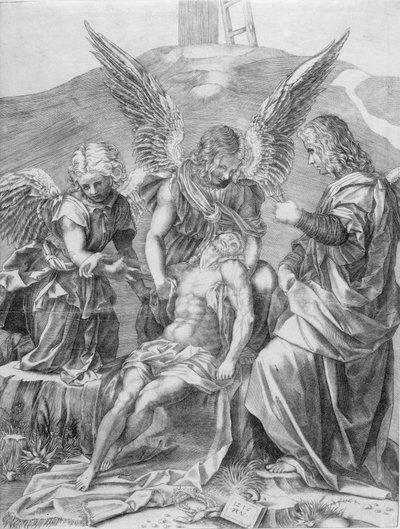 Krisztus teste három angyal által támogatott, 1516. alkotó: Agostino Veneziano