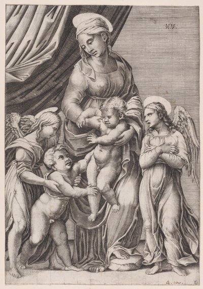 A Szűz, a Kisded Krisztus, a Szent János-csecsemő és a Két angyal 1516-ban kelt. alkotó: Agostino Veneziano