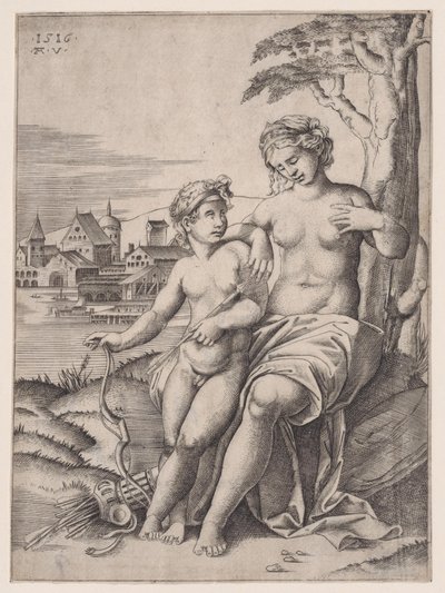 Vénusz és Erosz, 1516-ban. alkotó: Agostino Veneziano