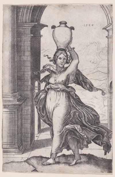 Vázát cipelő nő a fején, 1528-ban, 1528-ban. alkotó: Agostino Veneziano