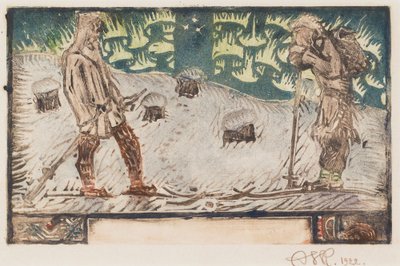 Két síelő, a Nagy Kalevala egyik verséhez készült címkép alkotó: Akseli Gallen-Kallela