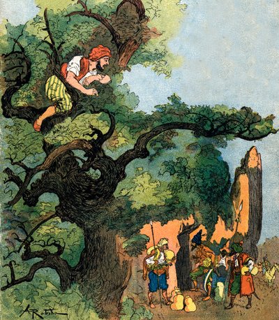 Ali baba meghallja, hogy egy negyvenfős tolvajok meglátogatják kincstárukat. Albert Robida illusztrációja: Ali Baba és a negyven tolvaj 1945-ös magángyűjtemény alkotó: Albert (after) Robida