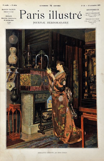Kínai csecsebecsék Egy keleti ruhába öltözött európai nő kínai tárgyak gyűjteményét figyeli. Albert Aublet (1851-1938) illusztrációja. Metszet 1887-ből a „” Paris-Illustrous folyóirat hetilapjában”. alkotó: Albert Aublet
