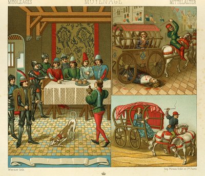 A kastély élete és közlekedési eszközei a 14. században, Racinet Auguste illusztrációja A teljes jelmeztörténetből alkotó: Albert Charles August Racinet