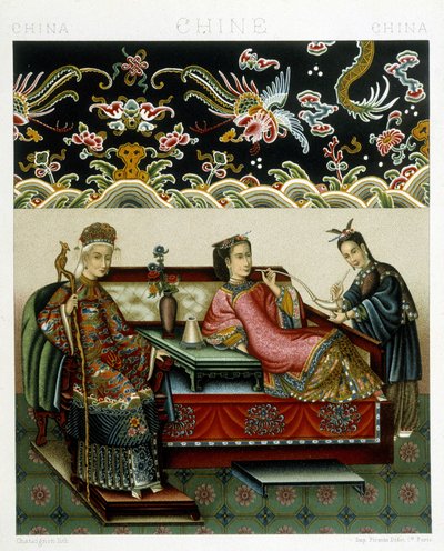 A kínai impressz jelmeze. Kromolitográfiai lemez – Racinet „” Le costume historique” című könyvében alkotó: Albert Charles August Racinet