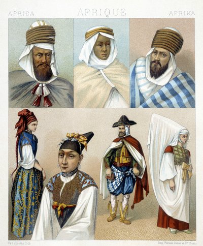 Jelmezek és frizurák Algériából. Illusztráció: Racinet „Le costume historique” című könyvében alkotó: Albert Charles August Racinet