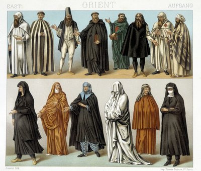 Szerzetesek és vallásos jelmezek a Közel-Keleten a 19. században. Illusztráció: Racinet „Le costume historique” című könyvében alkotó: Albert Charles August Racinet