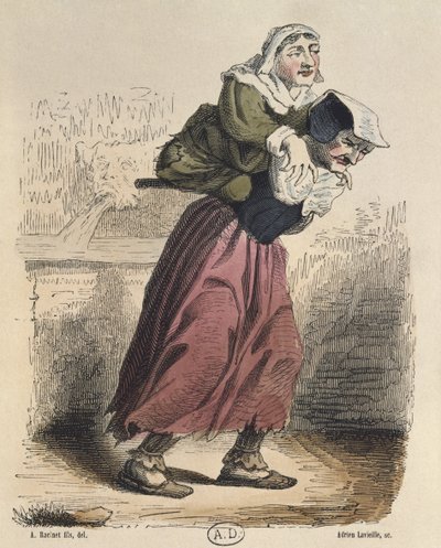 Cour des miracles, Jacques Callot (1592-1635) nyomán, Adrien Lavieille (1818-62) metszetében (színes metszet) alkotó: Albert Charles August Racinet