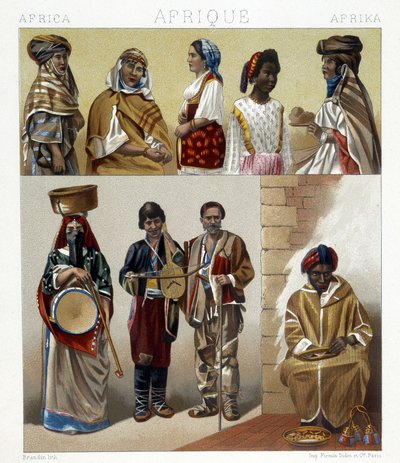 Egyiptomi jelmezek. Illusztráció Racinet „A történelmi kosztüm” című művében alkotó: Albert Charles August Racinet