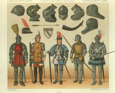 Az európai harcosok páncéljának illusztrációja alkotó: Albert Charles August Racinet