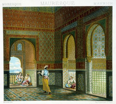 Egy mór ház belseje (Alhambra, az áldás szobája). Kromolitográfiai lemez – Racinet „” Le costume historique” című könyvében alkotó: Albert Charles August Racinet