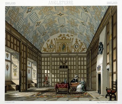 Egy impozáns ház belseje Angliában a 17. században. Illusztráció: Racinet „Le costume historique” című könyvében alkotó: Albert Charles August Racinet