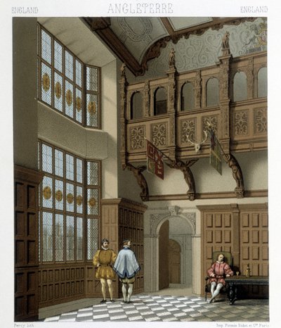 Egy impozáns ház belseje Angliában a 18. században. Illusztráció: Racinet „Le costume historique” című könyvében alkotó: Albert Charles August Racinet